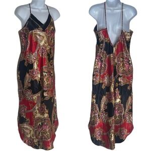 Vtg Y2K Silky Floral Scarf Print Midi Nightgown Slip Dress Slits Low Back S/M